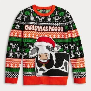 MAD Engine Black Green Red Christmas Mooood Cow Crewneck Sweater NWOT